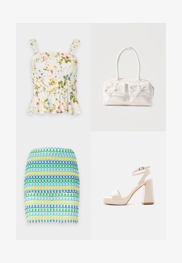 Top con estampado floral sobre fondo blanco. Cuenta con un dobladillo con volantes, tirantes ajustables y un cuerpo fruncido para un diseño ajustado.; Minifalda de tejido con rayas horizontales en azul, verde y amarillo. El diseño tiene una apariencia texturizada y tejida con un efecto en capas.; Sandalia de plataforma beige con tacón grueso de bloque, puntera abierta y correa en el tobillo con hebilla metálica sobre fondo blanco.; Bolso sintético blanco con dos bolsillos delanteros, cada uno con un detalle de lazo atado. Textura suave, asas redondeadas y cierre de cremallera.