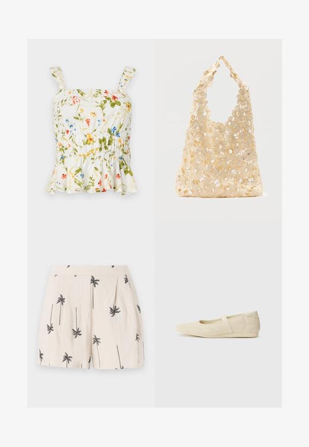 Top con estampado floral sobre fondo blanco. Cuenta con un dobladillo con volantes, tirantes ajustables y un cuerpo fruncido para un diseño ajustado.; Pantalones cortos de un beige claro con patrón de palmeras negras, que cuentan con pliegues en la parte frontal y una textura de tela suave y ligera.; Bailarinas beige con un exterior de cuero liso, punta en forma de almendra y una correa elástica en el empeine, con detalles de costura sutiles.; Bolso tote beige de crochet con un patrón floral abierto, que presenta flores grandes y pequeñas y una sola asa en forma de lazo.