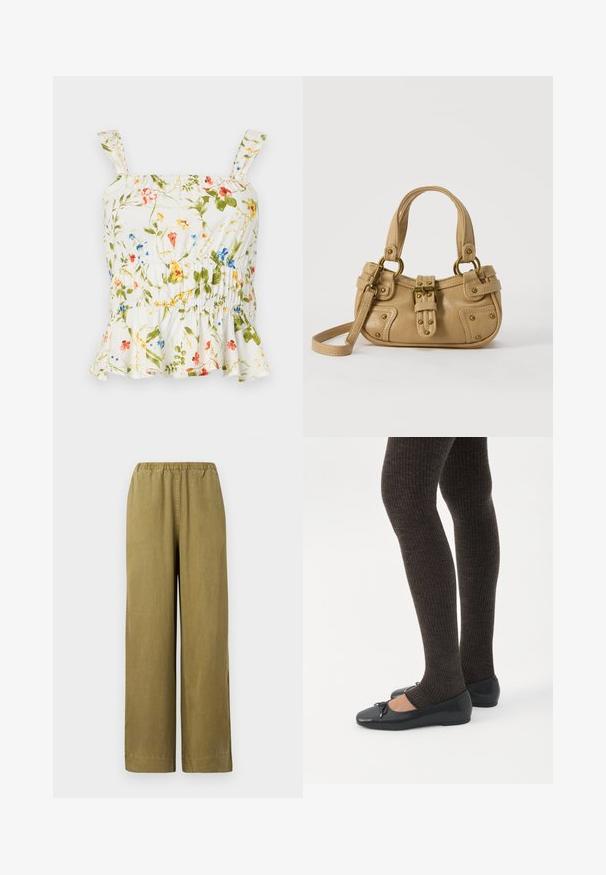 Top con estampado floral sobre fondo blanco. Cuenta con un dobladillo con volantes, tirantes ajustables y un cuerpo fruncido para un diseño ajustado.; Pantalones de pierna ancha en caqui con cintura elástica, hechos de material de algodón suave. Presentan aberturas laterales y un corte recto, ofreciendo un ajuste relajado.; Piernas con leggings oscuros acanalados combinados con bailarinas negras que presentan pequeños detalles de lazo sobre un fondo blanco.; Bolso de cuero beige con doble asa, hebilla y remaches de latón, y una correa de hombro ajustable sobre un fondo blanco.