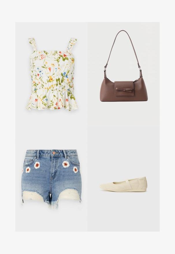 Top à imprimé floral sur fond blanc. Présente un ourlet volanté, des bretelles réglables et un corsage smocké pour un design ajusté.; Shorts en denim avec un ourlet effiloché, de couleur bleu clair, ornés de broderies florales blanches et brunes sur le devant. Design à cinq poches.; Ballerines beiges avec une exterior en cuir lisse, un bout en forme d'amande et une sangle élastique sur le coup de pied, avec des détails de couture subtils.; Sac à bandoulière en cuir marron avec une poche à rabat avant ornée d'un détail en forme de nœud cousu et une sangle réglable.