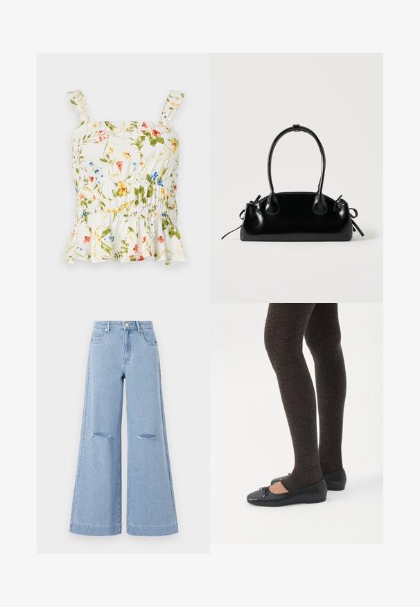 Blomstret top med hvid baggrund. Har en flæsekant, justerbare skulderstropper og smocket liv for en tætsiddende pasform.; Lyseblå bredbenede jeans med høj talje, der har to forlommer og to slidte knædetaljer, fremstillet af denimmateriale.; Ben iført mørke ribbede leggings kombineret med sorte balletsko med små sløjfedetaljer på hvid baggrund.; Lille sort blank håndtaske med to lange håndtag og snøre-detaljer i siden på en ensfarvet lys baggrund.