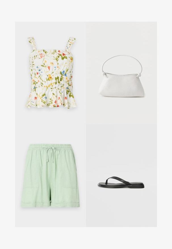 Top con estampado floral sobre fondo blanco. Cuenta con un dobladillo con volantes, tirantes ajustables y un cuerpo fruncido para un diseño ajustado.; Pantalones cortos de mezcla de lino en verde claro, con una cintura elástica, cierre de cordón y dos bolsillos frontales; presenta un detalle de dobladillo enrollado.; Chancla negra de piel suave, con un diseño de tira delgada y una suela plana de perfil mínimo. Sin patrones ni acentos notables.; Bolso de mano de cuero blanco tejido con asa redondeada y extremos de la correa anudados, exhibido sobre un fondo liso.