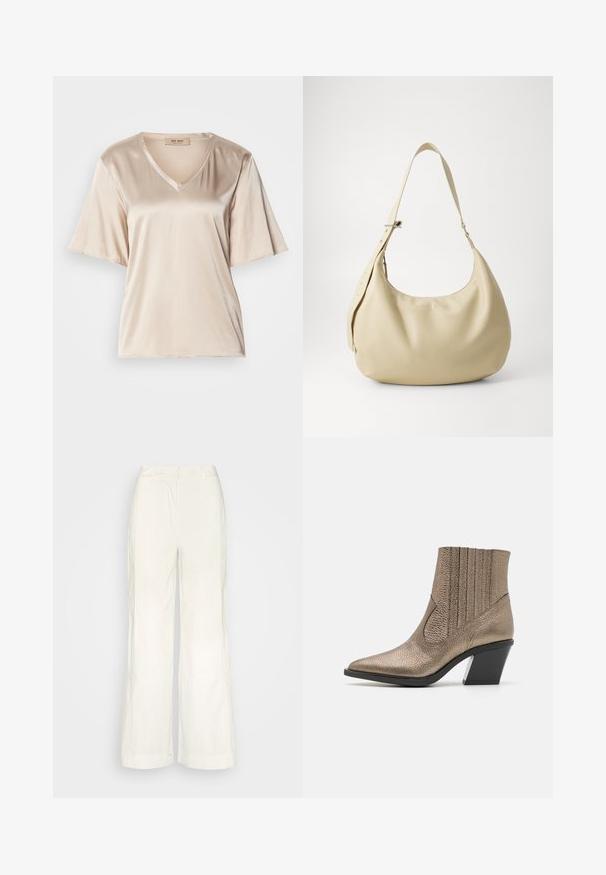 T-shirt en satin beige avec un col en V, des manches courtes évasées et une texture lisse. Le design est simple, sans motifs ni embellissements.; Sofie Schnoor TROUSERS - Pantalon classique - cream; Bottine en bronze métallisé avec un orteil pointu, une surface texturée, des découpes verticales et un talon bloc avec un accent transparent.; Sac à épaule en cuir beige avec une forme courbée, une bandoulière réglable et un détail de logo embossé, présentant une texture lisse et un design minimaliste.