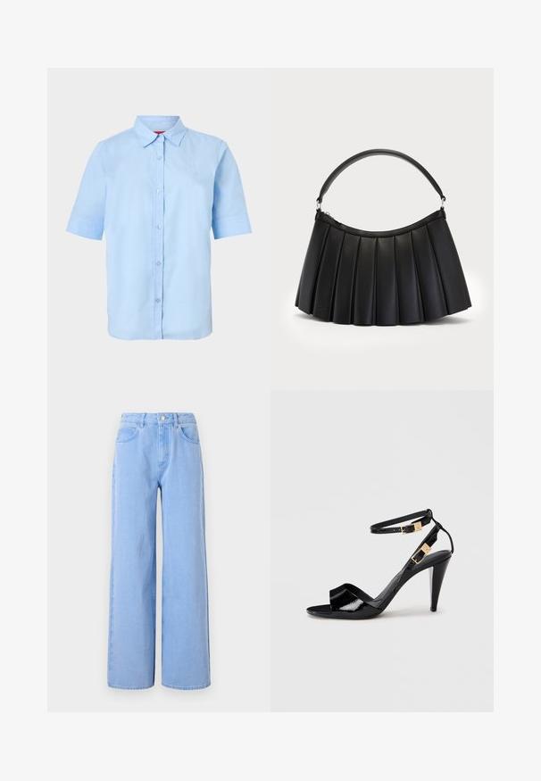 Lichtblauw overhemd met korte mouwen, knoopsluiting, puntkraag en subtiel ingebosseleerd logo op de linkerborst.; Lichtblauwe wijde denim jeans. Heeft een aangesloten taille met riemlussen en voorzakken, stiksel details en een schone zoom.; Zwart lakleren hoge hak sandaal met dubbele enkelbandjes en gouden gespen, open teen en slanke, taps toelopende hak op een neutrale achtergrond.; Zwarte geplooide handtas van synthetisch leer, met een gebogen handvat en bovenste ritssluiting. Gladde textuur met gestructureerd ontwerp.