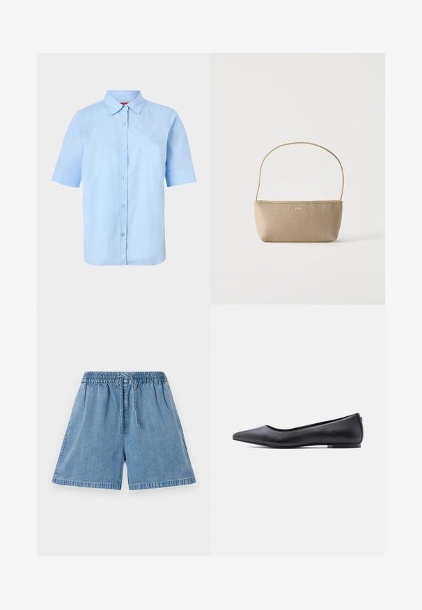 Camisa de manga corta azul claro con botones, cuello puntiagudo y logo sutil en relieve en el lado izquierdo del pecho.; Pantalones cortos de mezclilla en azul claro con cintura elástica y cordón. Cuentan con bolsillos laterales y un ajuste relajado con dobladillos cosidos.; Zapato plano de cuero negro con punta puntiaguda y tacón bajo, mostrado de perfil contra un fondo blanco.; Bolso tejido beige con correa delgada para el hombro y pequeño logo dorado "BOSS" en el frente, presentado sobre un fondo blanco liso.