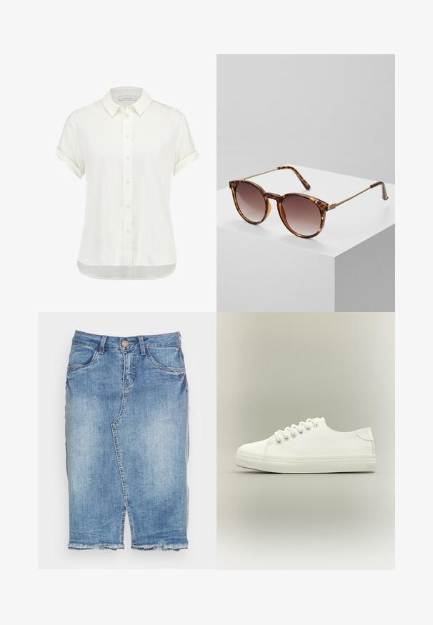 Witte blouse met korte mouwen, gemaakt van een lichtgewicht stof, met een knoopsluiting aan de voorkant, een kraag en opgerolde manchetten met een lichtgebogen zoom.; Lichtblauwe denim rok met voorsplit, rafelige zoom, ceintuurlussen, knoopsluiting en voorzakken.; Witte lage sneaker met witte veters en rubberen zool, zijaanzicht op een neutrale achtergrond.; Schildpadbril met een gradient lens en dunne gouden metalen accenten. Beschikt over ronde monturen en slanke arms voor een moderne uitstraling.