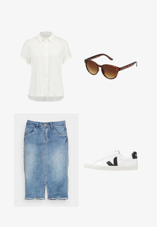 Weißes kurzärmliges Blusenshirt aus leichtem Stoff, mit Knopfleiste, Kragen und umgeschlagenen Ärmeln sowie einem leicht abgerundeten Saum.; Hellblauer Jeansrock mit Frontschlitz, ausgefranstem Saum, Gürtelschlaufen, Knopfverschluss und Fronttaschen.; Weißer Sneaker mit einem schwarzen V-Logo, ausgestattet mit einem glatten Lederoberteil, runder Zehenpartie, Schnürverschluss und kontrastierendem schwarzen Fersenbereich.; Schildpatt-Sonnenbrille mit einer vintage Katzenaugenform, verlaufenden braunen Gläsern und einer glatten, glänzenden Oberfläche an Rahmen und Bügel.