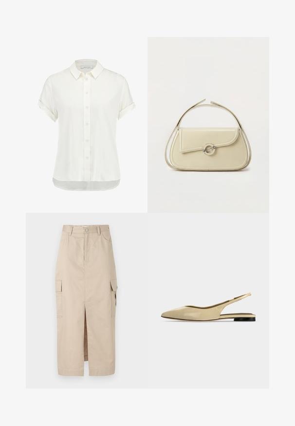 Blouse blanche à manches courtes en tissu léger, avec un devant à boutons, un col et des poignets retroussés, ainsi qu'un ourlet légèrement arrondi.; Jupe cargo beige en coton, dotée d'une fente devant, de poches plaquées sur les côtés et d'une fermeture à bouton à la taille. Texture lisse sur l'ensemble.; Chaussure plate beige à bout pointu avec bride arrière, petit talon noir et finition en cuir lisse, vue de côté sur un fond uni.; Sac à main en cuir crème avec rabat incurvé, fermoir circulaire en argent et poignée courte sur le dessus, sur fond blanc uni.