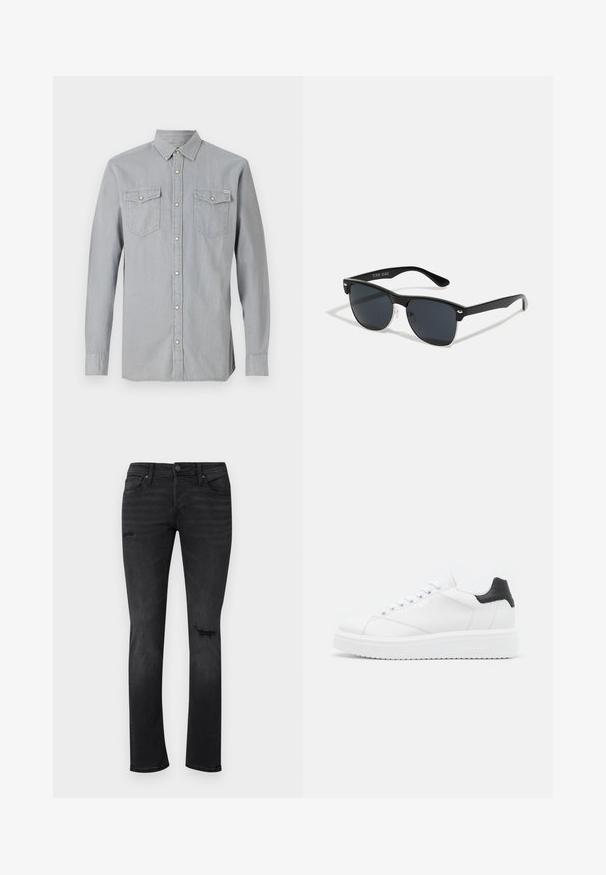 Lysegrå langærmet denimskjorte med knappet front, to brystlommer med klapper og knapper samt en spids krave.; Sorte denimjeans med slim fit, med synlige slidte områder ved knæene, fem lommer og en standard knap- og lynlåslukning.; Hvide lædersneakers med en sort hælflap, flade snørebånd, struktureret mellemsål og branding på ydersiden. Designet til afslappet brug.; Sorte solbriller med rektangulær form, mørke linser, sølvdetaljer ved tindingerne og en mat finish på stellet.