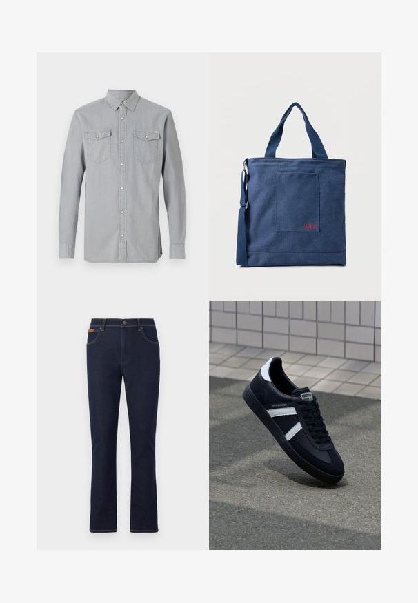 Lichtgrijs denimoverhemd met lange mouwen, knoopsluiting aan de voorkant, twee borstzakken met kleppen en knopen, en een puntige kraag.; Donkerblauwe jeans met rechte pijpen, een voorste knoop en rits, voor- en achterzakken en bruine stikseldetails.; Zwarte leren sneaker met witte strepen, een gestructureerde rubberen zool en vetersluiting aan de voorkant. Voorzien van een merklabel op de tong.; Blauwe canvas tas met voorvak en rode "O.N.S" borduring, voorzien van dubbele handvatten en een verstelbare schouderriem.