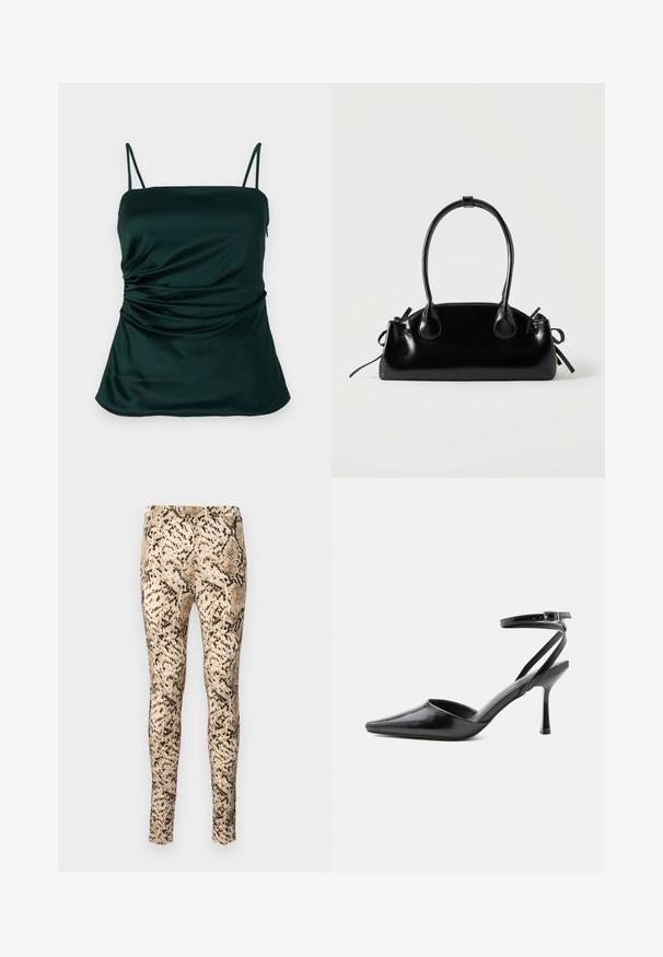 Camisole en satin vert foncé avec des fines bretelles, des détails froncés sur le côté et une texture lisse et douce. Design à ajustement réglable.; Leggings imprimés serpent en beige et noir avec un design ajusté, dotés d'une texture lisse et d'une taille extensible pour plus de confort.; Escarpin noir à bout pointu avec fines brides de cheville et fermeture à boucle argentée sur fond clair uni.; Petit sac à main noir brillant avec deux longues anses et des détails à cordon sur les côtés sur un fond clair uni.
