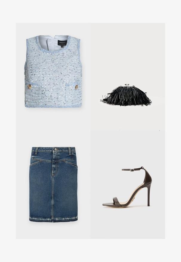Ærmeløs lyseblå tweedvest med metalliske tråde, fletdet yderkant, to forlommer med knapper og Bardot-mærke indeni kraven.; Denimnederdel med et klassisk blåt vask, fem-lomme design og frynset kant. Lukker med en frontknap og lynlås.; Brune højhælede sandaler med en slank ankelrem og en flad tårem. Glat lædertekstur med spids tå og stiletto hældesign.; Sort clutchtaske med frynser, sølvlukning og kæderem mod en ensartet lys baggrund.