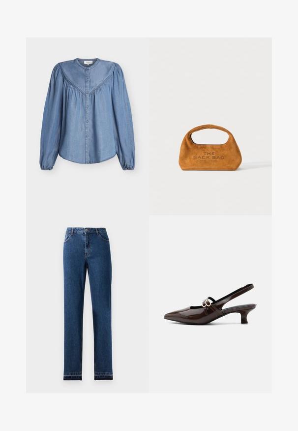 Lyseblå denimbluse med lange, puffede ærmer, rund hals, sammensyet skulderstykke og knaplukning foran.; Blå denim jeans med lige ben-design, fem lommer og en knap-lukning. Har kontrast søm og en let falmning.; Marco Tozzi Pumps - cinnamon; Brun ruskind skuldertaske med integreret håndtag og "THE SACK BAG MARC JACOBS" trykt på forsiden, vist på en hvid baggrund.