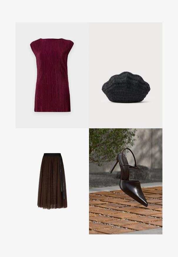Top sans manches bordeaux avec une texture en plis verticaux, un col rond et une forme en A, doté d'un tissu lisse et doux.; Jupe en tulle midi de couleur marron avec une taille élastique noire et un long ruban noir pendent sur un côté.; Mule noire brillante à talons hauts avec bout pointu et bride à la cheville, suspendue au-dessus d'une surface carrelée en terre cuite avec des interstices remplis de gravier.; Sac à main en osier noir en forme de coquille Saint-Jacques avec un dessus courbé et une texture tressée sur un fond uni.