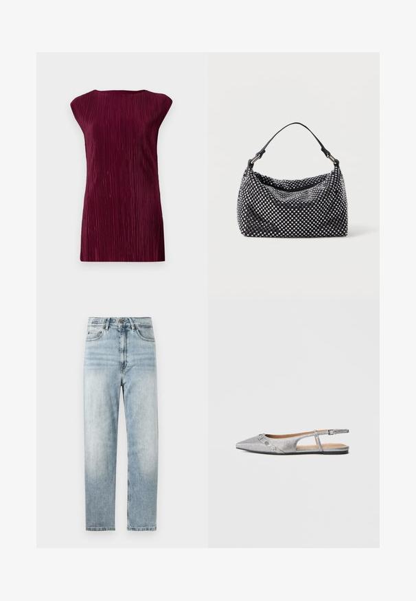 Bordeaux mouwloos topje met verticale plooien, ronde halslijn en een A-lijn vorm, gemaakt van een gladde, zachte stof.; Lichtblauwe denim jeans met een recht gesneden pijp, voorzien van een knoop- en ritssluiting, vijf zakken en subtiele vervaging.; Zilverkleurige slingback platte schoen met een spits toelopende neus, een gestructureerde afwerking en decoratieve zilveren versieringen op de voorste band.; Zwart en zilveren handtas met een geweven, gestructureerd oppervlak dat vierkante patronen bevat, een enkele bovenhandgreep en een slungelige vorm.