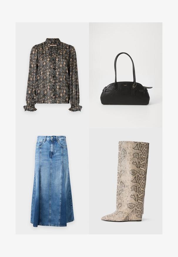 Mønstret sort bluse med diamantformer i beige, grå og sort. Har en høj krave, knaplukning og flæseærmer.; Denim nederdel med en lys til mørk blå gradient, knælængde, med lige snit, frontslids og klassisk knap- og lynlås-lukning.; Høje støvler med spids tå i et beige og sort slangeprint mønster. Lavet af tekstureret syntetisk materiale med en slank, glat finish.; Sort læderhåndtaske i rund form, med to lange håndtag, guldfarvet hardware og et lille mærke vedhæftet. Lynlåslukning på toppen.