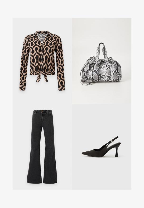 Langærmet skjortebluse med knapper og krave, sort og beige abstrakt geometrisk mønster samt knudedetalje foran ved taljen.; Sorte flare jeans lavet af denim, med høj talje, forlommer og synlige sømme. Glat tekstur med en let glans.; Sorte slingback hæle med spids tå, glat mat finish og en slank, blank hæl. Justerbar rem med lille spænde detaljer.; Håndtaske med sort og hvid slidmønster, to håndtag, snøre lukning og aftagelig skulderrem. Glat tekstur.