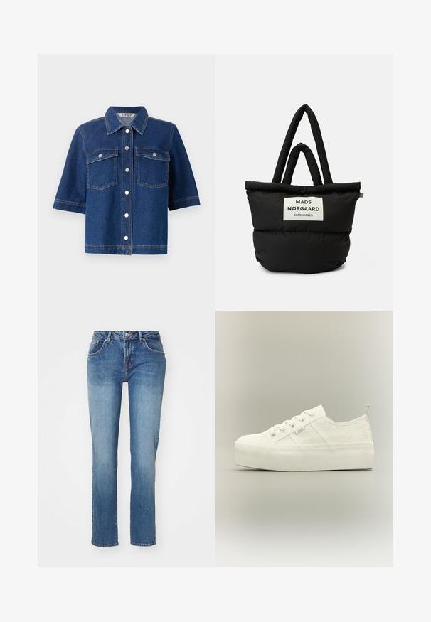 Mørkeblå denimjakke med korte ærmer, to brystlommer, sølvfarvede trykknapper og en krave.; Blå denimjeans med lige ben, der har et klassisk fem-lomme-design og en let falmet overflade. Detaljer inkluderer en knap og lynlås.; Hvid lavt platform sneakers med blomsterprint, snørelukning, gummisål og et lille "ONLY" logo-tag på siden.; Sorte puffertotepose med dobbelthåndtag, udstyret med et hvidt mærke med "MADS NØRGAARD COPENHAGEN." Blød, quiltet struktur og rund form.