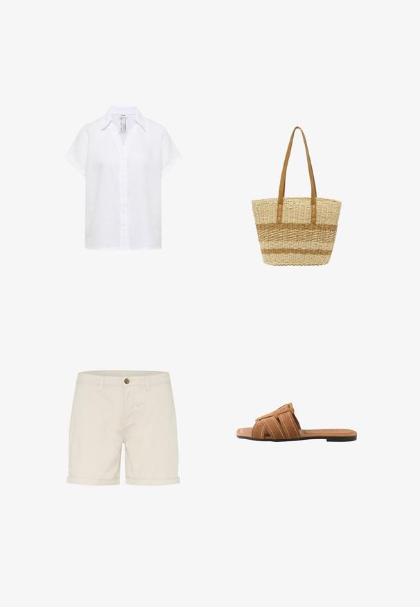 Weißes Leinenhemd mit kurzen Ärmeln, Kragen, vorderen Knöpfen und lockerer Passform.; Helle beige Baumwollshorts mit Knopfverschluss, umgeschlagenen Säumen und Seitentaschen. Glatte Textur und maßgeschneiderte Passform für Komfort.; Braune Wildleder-Sandale zum Hineinschlüpfen mit gekreuzten Riemen, weißen Nähten und flacher schwarzer Sohle, seitlich auf weißem Hintergrund dargestellt.; usha Shopping Bag - beige