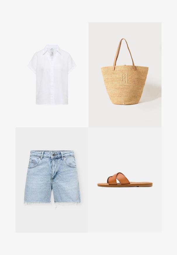 Chemise blanche en lin à manches courtes avec col, boutons sur le devant et coupe décontractée.; Short en denim bleu clair avec ourlets effilochés, bouton à l'avant, fermeture éclair et poches avant et arrière.; Sandale diapositive en cuir marron avec des lanières croisées, semelle plate, texture lisse et caractéristiques de design minimaliste pour un usage décontracté.; Sac cabas en paille tissée beige avec deux poignées en cuir marron clair et un monogramme brodé subtil au centre avant.