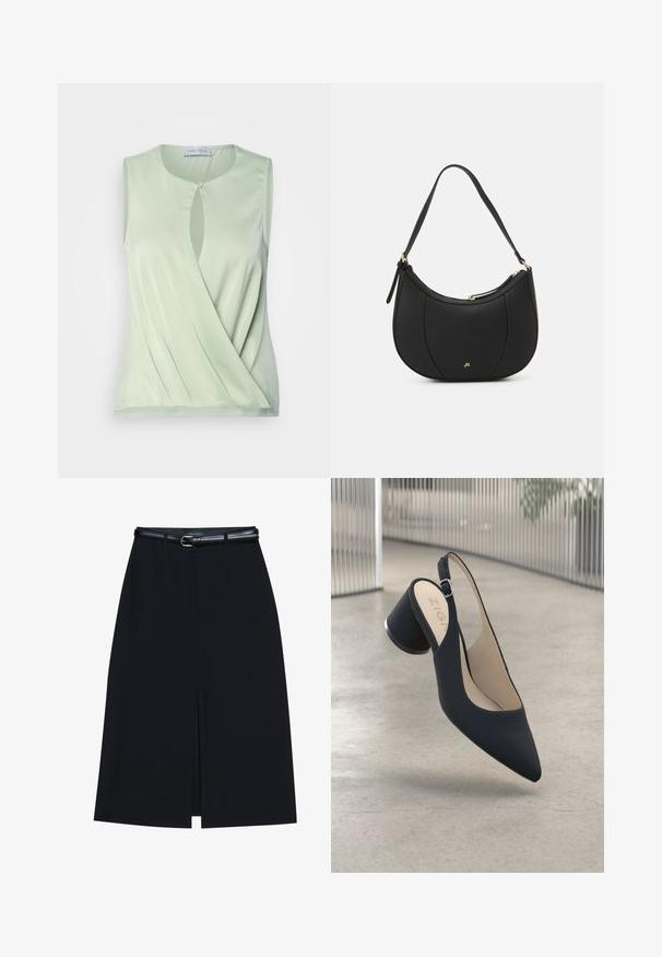 Top sin mangas de color verde claro con un detalle de ojal en la parte delantera, textura suave y diseño drapeado. Fabricado con una tela suave y elástica.; Falda negra hasta la rodilla con una abertura en la parte delantera, hecha de tejido suave. Presenta un delgado cinturón negro con una hebilla plateada y pasadores para el cinturón.; Zapato de tacón alto negro tipo slingback con puntera afilada, textura suave, y un acento metálico en el tacón, con una pequeña hebilla ajustable.; Bolso de mano de cuero negro con forma curva, superficie texturizada, costuras frontales y un logo en tono dorado. Cuenta con una sola correa ajustable.