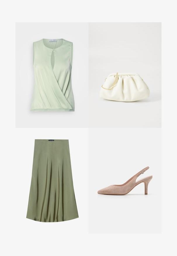 Top sin mangas de color verde claro con un detalle de ojal en la parte delantera, textura suave y diseño drapeado. Fabricado con una tela suave y elástica.; Falda midi verde oliva hecha de tela suave, con un diseño fluido y un sutil brillo, y una cintura recta.; Zapato de tacón alto tipo slingback en suave ante beige, con punta afilada, tacón delgado y correa ajustable en el tobillo con hebilla redonda.; Bolso de mano de cuero blanco con un diseño recogido, cuenta con una cadena dorada y forma redondeada. Textura suave con pliegues suaves y sin patrones.