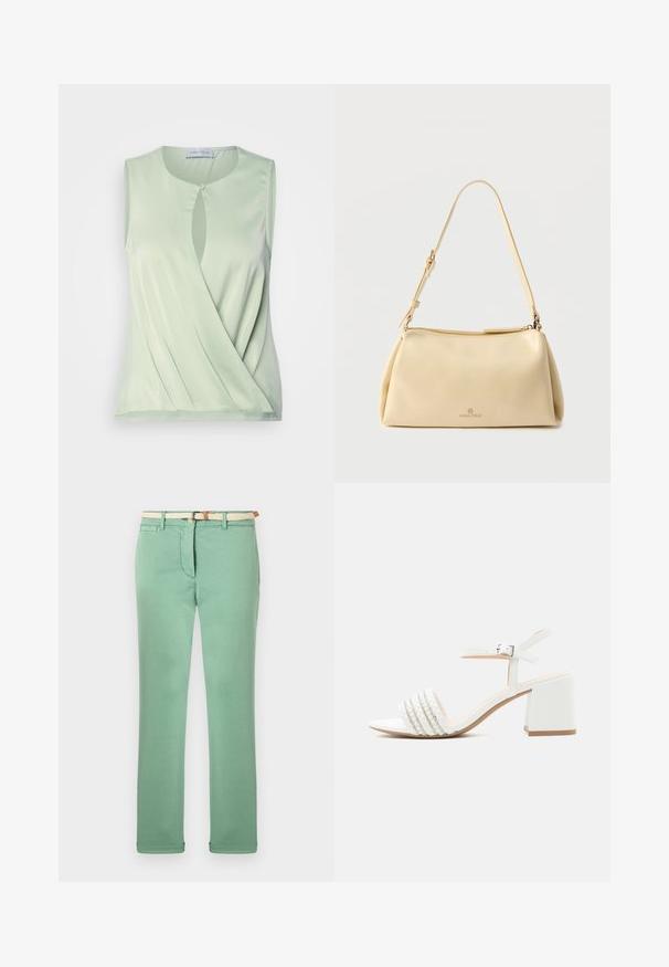 Débardeur sans manches vert clair avec un détail en trou de serrure à l'avant, texture douce et design drapé. Fabriqué en tissu lisse et extensible.; Pantalon vert clair en coton, avec une coupe droite, une ceinture tissée beige et des poches avant. Texture lisse avec un minimum de couture.; Sandale blanche à bout ouvert avec talon carré, bride avant tressée ornée de petites perles et bride de cheville avec boucle argentée.; Sac bandoulière rectangulaire beige avec sangle réglable et fermeture éclair, comportant un petit logo "Anna Field" au centre avant.