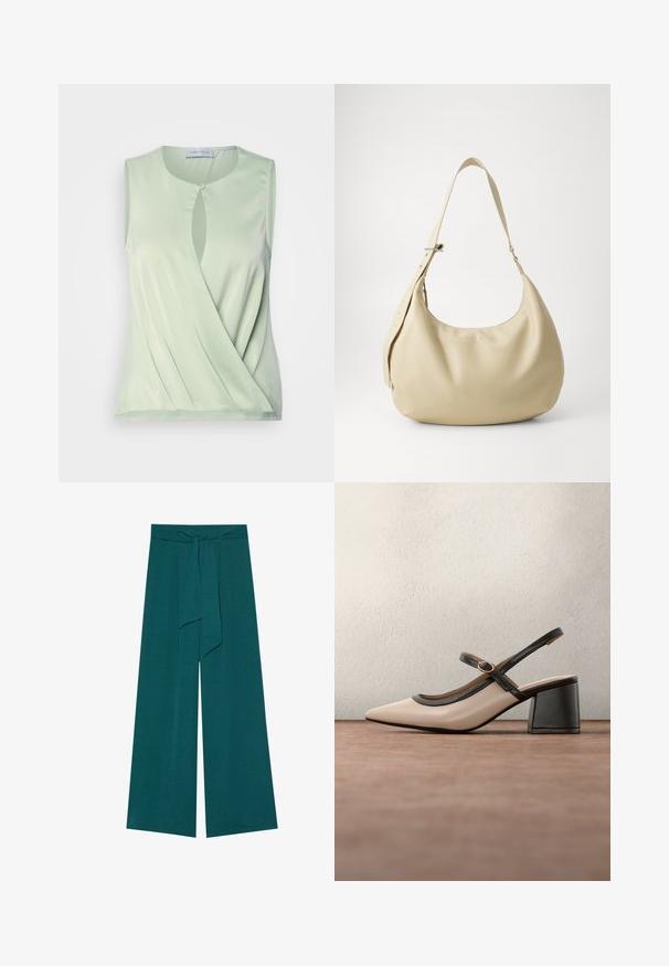Débardeur sans manches vert clair avec un détail en trou de serrure à l'avant, texture douce et design drapé. Fabriqué en tissu lisse et extensible.; Pantalons à jambes larges dans une teinte bleu sarcelle profonde avec une finition texturée, dotés d'une taille nouée pour un ajustement réglable et d'une silhouette fluide.; Chaussure beige à talons hauts avec bride arrière, bout pointu, bordure noire et détail boucle. Matériau lisse à finition mate, talon moyen épais.; Sac à épaule en cuir beige avec une forme courbée, une bandoulière réglable et un détail de logo embossé, présentant une texture lisse et un design minimaliste.