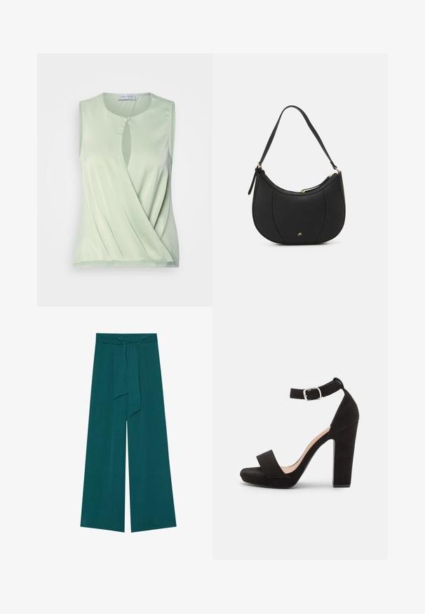 Top sin mangas de color verde claro con un detalle de ojal en la parte delantera, textura suave y diseño drapeado. Fabricado con una tela suave y elástica.; Pantalones de pierna ancha en un color azul verdoso profundo con un acabado texturizado, que cuentan con una cintura atada para un ajuste ajustable y una silueta fluida.; Anna Field by Zalando Sandalias - black; Bolso de mano de cuero negro con forma curva, superficie texturizada, costuras frontales y un logo en tono dorado. Cuenta con una sola correa ajustable.