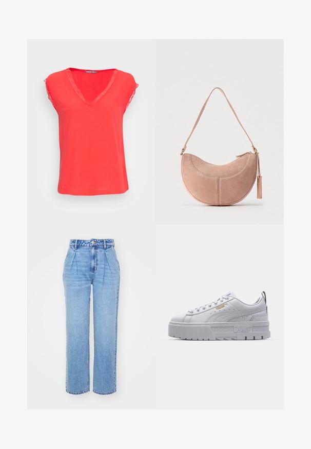 ONLY ONLJASMINA V NECK - Blouse - poppy red; Jean en denim bleu clair avec une taille haute, une coupe large et des plis à l'avant. Présente une couture typique et une fermeture à bouton à la taille.; Baskets plateformes blanches avec une tige en cuir lisse, un col rembourré, une semelle en caoutchouc grise et des accents dorés arborant le logo Puma.; Sac à main en suède rose avec une forme courbée en demi-lune, une seule bandoulière et une fermeture à glissière. Caractéristiques de coutures décoratives et un pompon en guise d'accent.