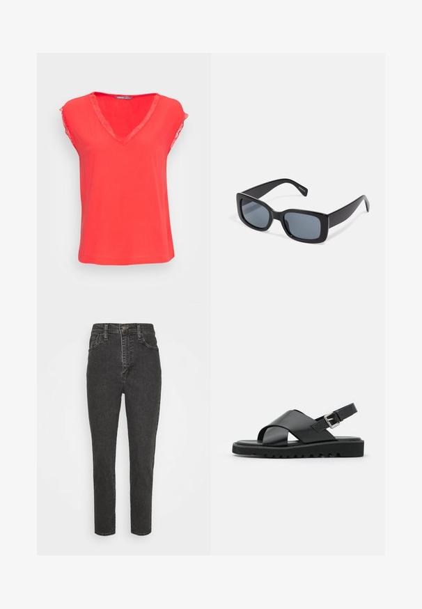 ONLY ONLJASMINA V NECK - Bluse - poppy red; Højtaljede sorte denim jeans med slim fit, der har en knaplukning, bælteløkker og klassisk fem-lomme-design.; Sorte lædersandaler med et korsremdesign, justerbar spænde og en tekstureret sål med riller for bedre greb.; Sorte rektangulære solbriller med mørkt tonede linser, tyk plastramme og brede stænger. Glat overflade og kantet design.