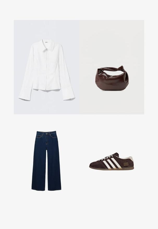 Weißes Langarmhemd mit einem Kragen und einem Reißverschluss vorne. Verfügt über ausgestellte Manschetten und eine glatte, baumwollähnliche Textur.; Dunkelblaue Jeans mit weitem Bein aus Denim; mit Taschen vorne und Knopfverschluss; auffällige Nähte entlang der Nähte; keine Muster oder Verzierungen.; Braune Wildleder-Sneaker mit drei weißen Streifen, Gummisohle und Textlabel "Gazelle" in Gold. Schnürdesign mit grauen Schnürsenkeln.; Dunkelbraune Lederschultertasche mit weicher, lockerer Form und einem gedrehten Knotengriff vor schlichtem weißem Hintergrund.