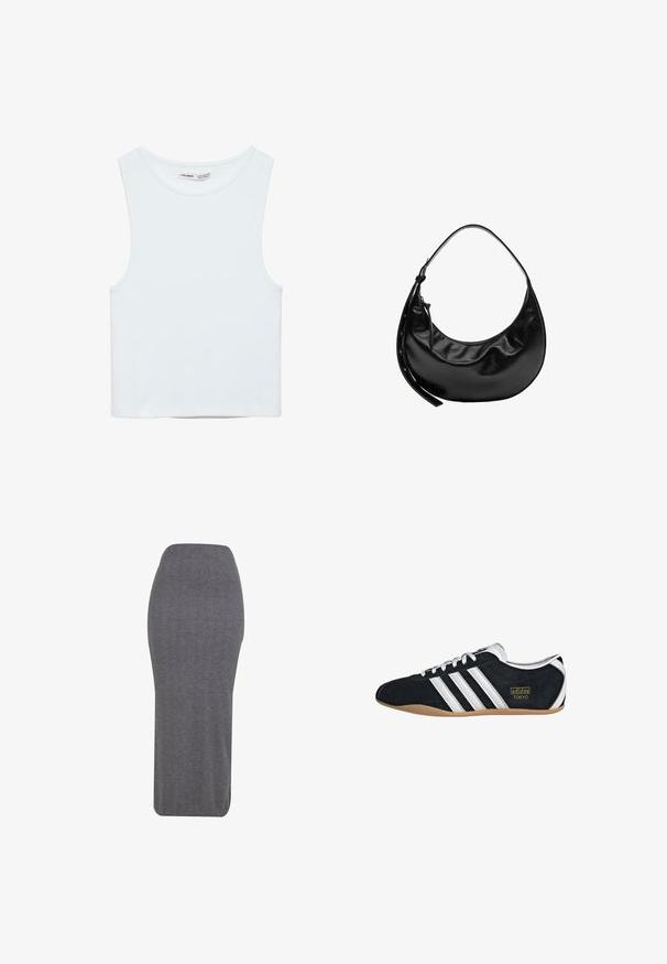 Witte mouwloze crop top met ronde hals, gemaakt van gladde stof, met Pull&Bear-label, geschikt voor casual wear.; Grijze pencilrok van gestructureerde stof, met een aansluitende silhouet, hoge taille en knielange ontwerp. Gladde afwerking zonder zichtbare details.; Zwarte suède sneaker met witte drie strepen, gouden logo en een bruine rubberen zool. Heeft een laag profiel vetersluiting ontwerp.; Zwarte halfmaanvormige leren handtas met een korte riem en een ritssluiting met een leren zijtrekker.