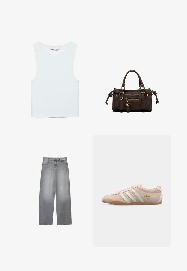 Biely bezrukávový crop top s okrúhlym výstrihom, vyrobený z hladkej látky, označený Pull&Bear, vhodný na bežné nosenie.; Široké svetlošedé džínsy z denim s mierne vyblednutým vzhľadom, so štyrmi vreckami, predným zapínaním na gombík a pútkami na opasok.; adidas Originals TOKYO - Tenisky - quartz/off white; Tmavohnedá kožená kabelka s dvojitými rukoväťami, predným vreckom na zips, dekoratívnymi prackami a bočnými uzlami na bielom pozadí.