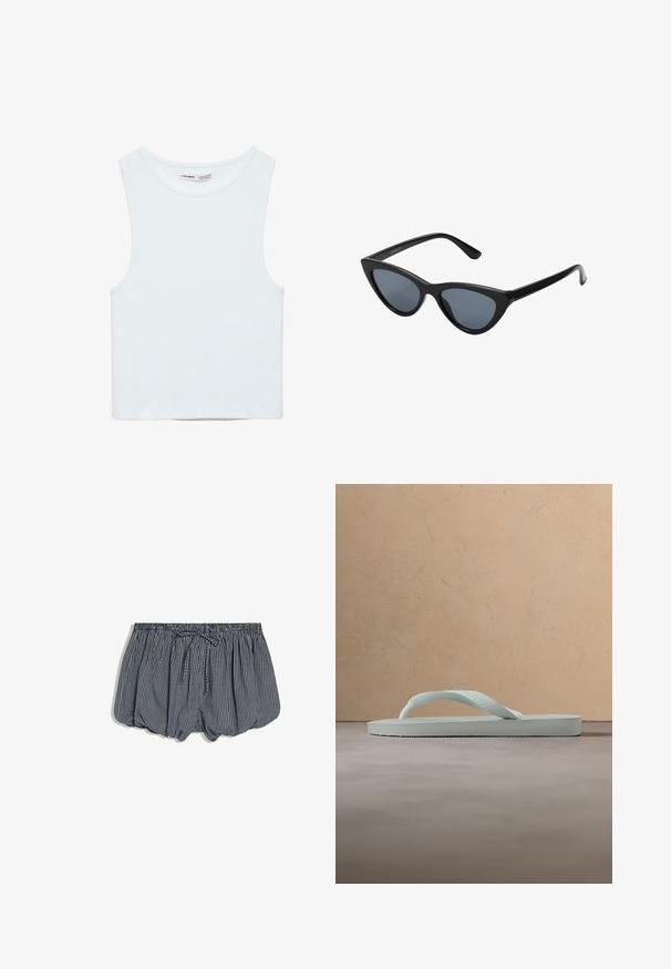 Hvid ærmeløs crop top med rund halsudskæring, lavet af glat stof, mærket Pull&Bear, egnet til afslappet brug.; Navyblå og hvide ternede shorts med elastik i taljen og snøre foran, vist på en hvid baggrund.; Enkel lysebeige gummiflipflop med tekstureret fodseng og Y-formet rem mod en ensfarvet grå baggrund.; Sorte katteøje solbriller med mørkegrå linser, slankt plastisk stel, spidse hjørner og lige stænger. Ingen synlig hardware eller dekorationer.