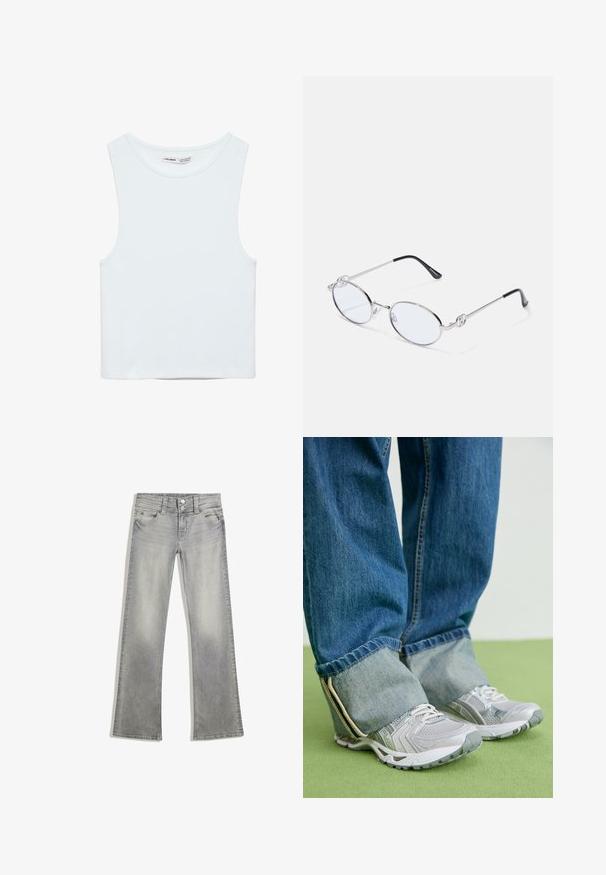 Hvid ærmeløs crop top med rund halsudskæring, lavet af glat stof, mærket Pull&Bear, egnet til afslappet brug.; Grå denim flared jeans med en afdæmpet finish, der har en knaplukning, fem lommer og syet detaljering langs taljebåndet og kanten.; Grå atletiske sko med mesh-materiale og hvide accenter, parret med blå denimjeans, der er opkrøllet ved anklerne.; Sølvmetal ovale briller med klare linser, prydet med dekorative sideaccenter og sorte spidser på stængerne for bedre greb og komfort.
