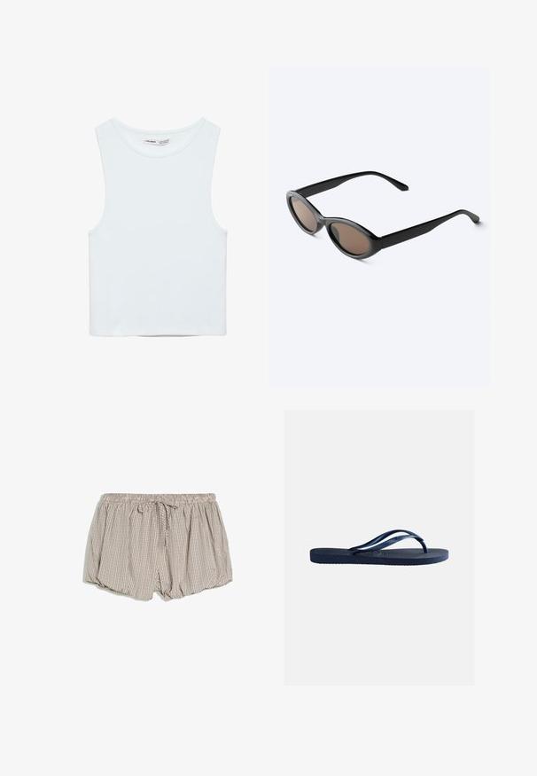 Witte mouwloze crop top met ronde hals, gemaakt van gladde stof, met Pull&Bear-label, geschikt voor casual wear.; Lossvallende beige korte broek met klein ruitmotief, elastische tailleband en gestrikte treksluiting op een witte achtergrond.; Navyblauwe rubberen teenslipper met een gestructureerde zool en Y-vormige banden, geïsoleerd op een effen lichtgrijze achtergrond.; Zwarte zonnebril met ovale montuur en donker getinte glazen, licht schuin getoond op een wit oppervlak.