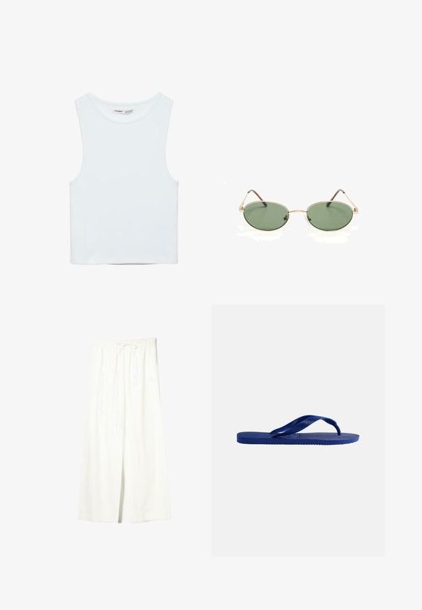 Witte mouwloze crop top met ronde hals, gemaakt van gladde stof, met Pull&Bear-label, geschikt voor casual wear.; Witte linnen broek met brede pijpen, elastische tailleband en trekkoord, voorzien van zijzakken en een voorste split.; Enkele blauwe teenslipper met gestructureerde zool en Y-vormige band, zijaanzicht op een effen witte achtergrond.; Ovale zonnebril met goudkleurig metalen montuur, groene getinte glazen en dunne pootjes, liggend op een witte ondergrond.