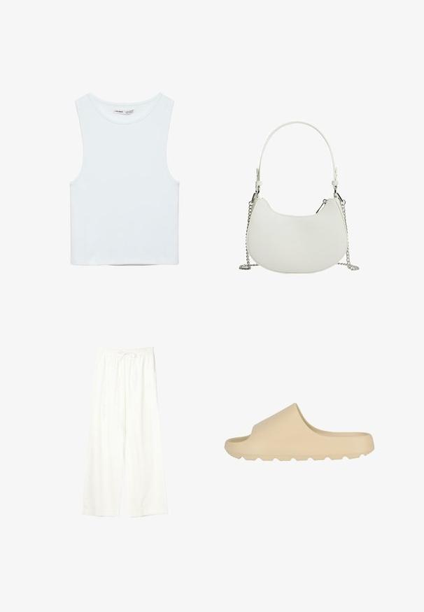 Hvid ærmeløs crop top med rund halsudskæring, lavet af glat stof, mærket Pull&Bear, egnet til afslappet brug.; Hvide bukser med vide ben, elastisk talje og snøre, lavet af letvægtsstof.; Lys beige slide sandal med en glat, mat finish. Har design med åben tå og en tekstureret, rillede sål for godt greb.; Hvid syntetisk håndtaske med en buet form, der har en kædestrop og minimalistisk design. Glat tekstur med sølvfarvede metaldele.