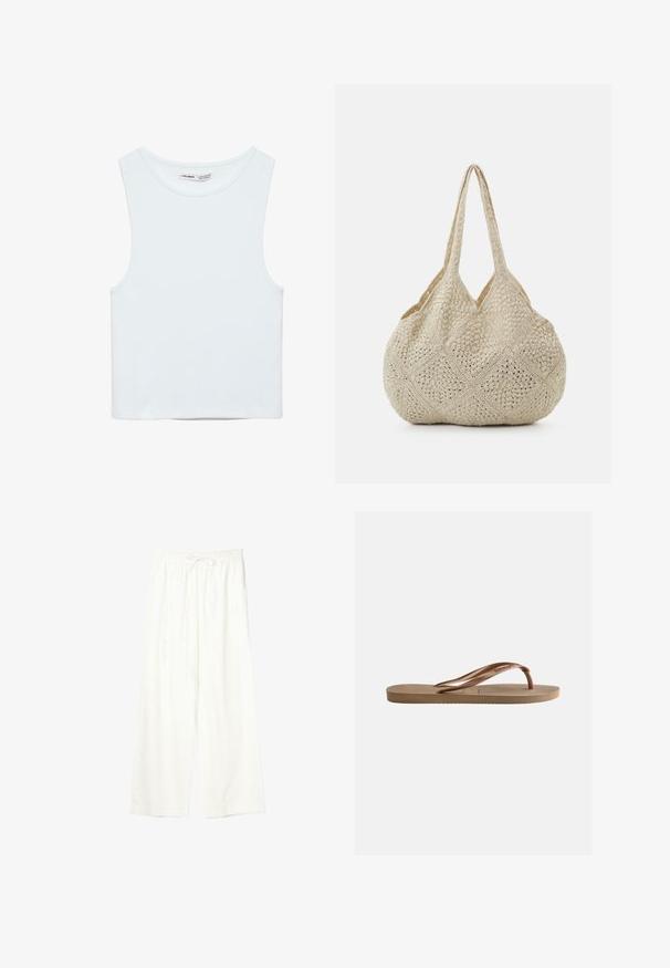 Witte mouwloze crop top met ronde hals, gemaakt van gladde stof, met Pull&Bear-label, geschikt voor casual wear.; Witte wijde broek met elastische tailleband en trekkoord, gemaakt van lichtgewicht stof.; Bruine rubberen teenslipper met gestructureerde zool en merkgebonden V-vormige bandjes op een effen lichte achtergrond.; Even&Odd by Zalando Shopper - off-white