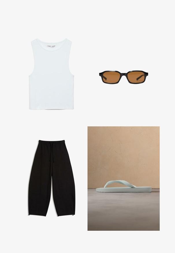 Hvid ærmeløs crop top med rund halsudskæring, lavet af glat stof, mærket Pull&Bear, egnet til afslappet brug.; Løse sorte joggingbukser med elastisk taljebånd, snor, sidelommer og justerbare benafslutninger.; Enkel lysebeige gummiflipflop med tekstureret fodseng og Y-formet rem mod en ensfarvet grå baggrund.; Sorte rektangulære solbriller med tykke stel og brune tonede linser, vist forfra på en hvid baggrund.
