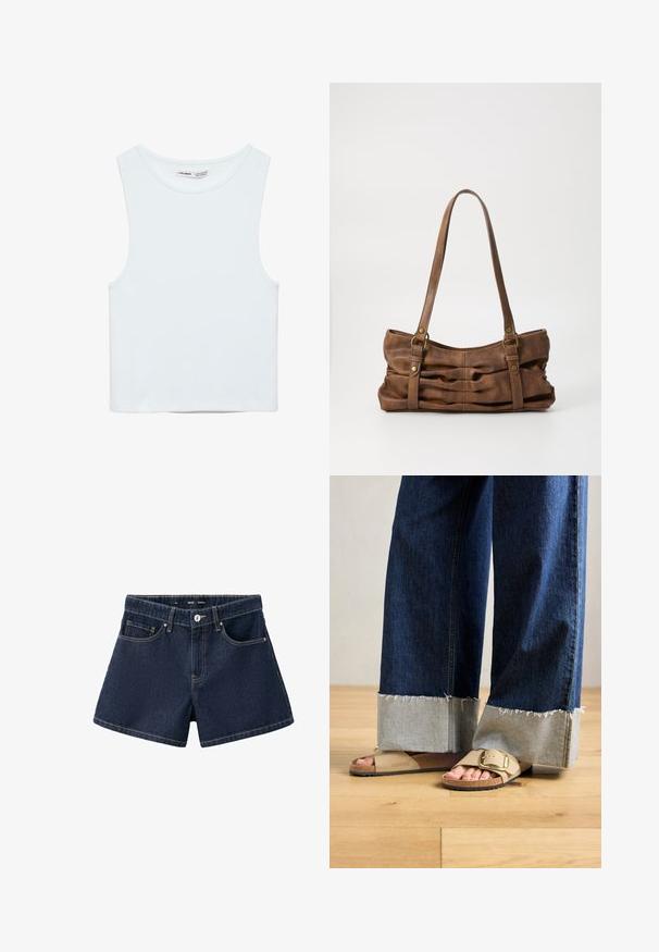 Witte mouwloze crop top met ronde hals, gemaakt van gladde stof, met Pull&Bear-label, geschikt voor casual wear.; Donkerblauwe denimshorts met knoop aan de voorkant, rits, riemlussen en twee voorzakken op een effen witte achtergrond.; Voeten in beige Birkenstock-sandalen met gouden gespen, gecombineerd met donkerblauwe denimspijkerbroeken die bij de boorden opgerold zijn, staande op een houten vloer.; Even&Odd by Zalando Handtas - brown