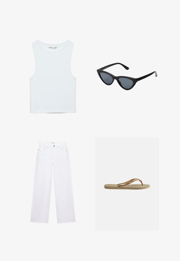 Biely bezrukávový crop top s okrúhlym výstrihom, vyrobený z hladkej látky, označený Pull&Bear, vhodný na bežné nosenie.; Biele džínsy s vysokým pásom, širokými nohavicami, zapínaním na gombíky a zips, vreckami vpredu aj vzadu a detailmi zo strieborných nitov.; Béžové žabkové sandále s textúrovanou podrážkou a bronzovými kovovými pásikmi v tvare Y na jednoduchom bielom pozadí.; Čierne slnečné okuliare v štýle mačacích očí s tmavošedými sklami, elegantným plastovým rámom, špicatými rohmi a rovnými stranami. Bez viditeľného hardvéru alebo akcentov.