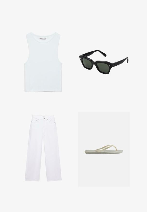 Witte mouwloze crop top met ronde hals, gemaakt van gladde stof, met Pull&Bear-label, geschikt voor casual wear.; Witte jeans met hoge taille en wijde pijpen, voorzien van knoop- en ritssluiting, voor- en achterzakken, en zilverkleurige klinknageldetails.; Enkele ecru rubberen teenslipper met dunne bandjes en een gestructureerd voetbed, zijaanzicht op een effen achtergrond.; Zwarte vierkante zonnebril met donker groene lenzen, uitgerust met gedurfde monturen en zilveren accenten aan de zijkanten. Gemaakt in Italië.