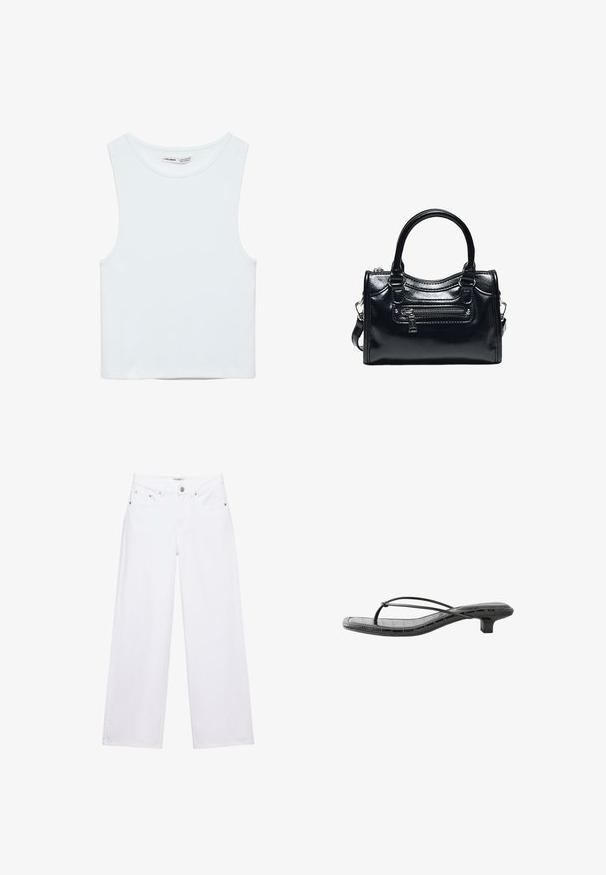 Crop top blanc sans manches avec col rond, en tissu lisse, étiqueté Pull&Bear, adapté pour un usage décontracté.; Jean blanc taille haute à jambes larges avec fermeture à boutons et zip, poches avant et arrière, et détails en rivets argentés.; Sandale noire à petit talon avec fines brides croisées et bout carré, avec un motif crocodile faux texturé sur la semelle.; Sac à main en cuir noir brillant avec deux poignées, poche avant zippée et bandoulière amovible sur fond blanc.