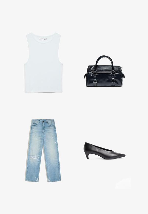 Hvid ærmeløs crop top med rund halsudskæring, lavet af glat stof, mærket Pull&Bear, egnet til afslappet brug.; Lyseblå falmede denimjeans med et lige snit, der har slidte rifter på låret, knæet og nær ved buksekanterne.; Sorte læder lavhælede pumps med spids tå-design. Glat tekstur og slank silhuet, med en bøjet hæl for stabilitet.; Sort læderhåndtaske med to håndtag, frontlynlåslomme og sølvfarvede metaldetaljer på hvid baggrund.