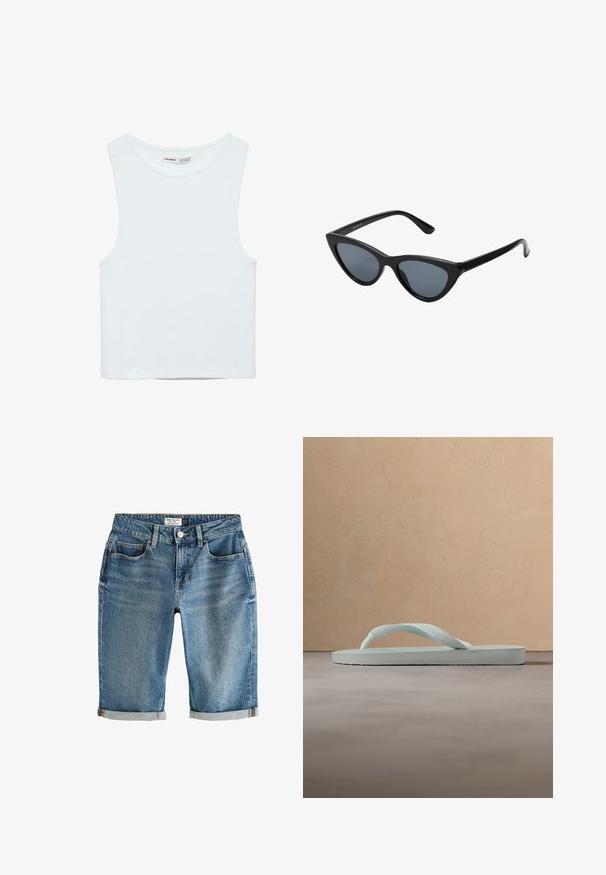 Hvid ærmeløs crop top med rund halsudskæring, lavet af glat stof, mærket Pull&Bear, egnet til afslappet brug.; Blå denim knæ-lange shorts med en opsmøgning, fem lommer og lukning med metalknap. Stof har et let falmet udseende.; Enkel lysebeige gummiflipflop med tekstureret fodseng og Y-formet rem mod en ensfarvet grå baggrund.; Sorte katteøje solbriller med mørkegrå linser, slankt plastisk stel, spidse hjørner og lige stænger. Ingen synlig hardware eller dekorationer.