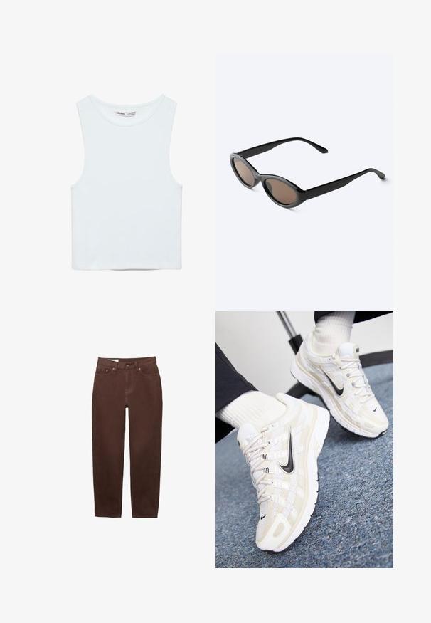 Witte mouwloze crop top met ronde hals, gemaakt van gladde stof, met Pull&Bear-label, geschikt voor casual wear.; Bruine jeans met rechte pijpen, voorzien van een voorste knoop- en ritsluiting, en een ontwerp met vijf zakken op een witte achtergrond.; Witte en beige Nike sneakers met een mesh bovenwerk, textuur overlay, zwarte swoosh en een gevoerde zool met een gripzool.; Zwarte zonnebril met ovale montuur en donker getinte glazen, licht schuin getoond op een wit oppervlak.