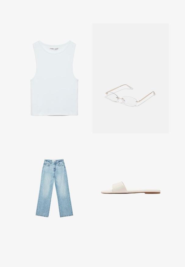 Hvid ærmeløs crop top med rund halsudskæring, lavet af glat stof, mærket Pull&Bear, egnet til afslappet brug.; Lyseblå denim bukser med bred benvidde og høj talje, præget af en falmet vask og små, spredte slidte detaljer overalt.; Flad hvid slide-sandal med bred enkeltrem og tynd brun sål, vist i sideprofil på hvid baggrund.; Guldmetal briller med ovale linser, slanke arme og klare næsepuder. Har subtile hængsel accenter og gennemsigtige linser.
