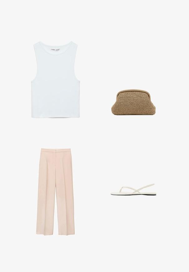 Witte mouwloze crop top met ronde hals, gemaakt van gladde stof, met Pull&Bear-label, geschikt voor casual wear.; Lichtroze wijde broek van soepel materiaal. Heeft een vlakke voorkant, zijzakken en een op maat gemaakte tailleband. Geen zichtbare sluitingen.; Witte platte sandaal met dunne gekruiste bandjes en een hielriem, gezien van opzij op een witte achtergrond.; Beige geweven clutch met een afgeronde bovenrand en een zachte, gestructureerde buitenkant, getoond tegen een witte achtergrond.